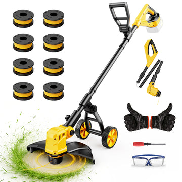 Lemolifys 12 Inch Brushless Cordless String Trimmer with Wheels, 21V Batterry and 8Pcs Line for Yard Garden