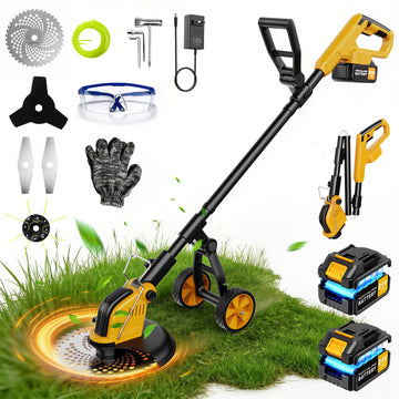 Lemolifys 12-inch Electric Weed Wacker, 20000 RPM Brushless Cordless String Trimmer with 2Pcs 3000mAh Battery, 5 Blades, Wheels & Adjustable Length, 4-in-1 Weed Eater for Yard Garden, W2-2
