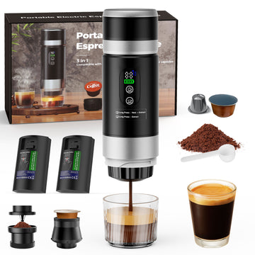Fimilo Portable Espresso Maker, 3-in-1 20 Bar Mini Coffee Makers with 2 x 7500mAh Battery, Self-Heating Car Coffee Machine Compatible Ground Coffee & Capsules (NS＆DG) for RV, Hiking, Office