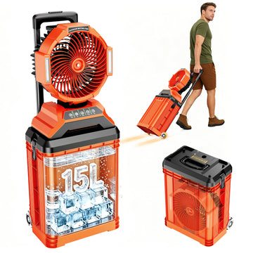 Fimilo Portable Misting Fan with 15L Bucket, 30000mAh Spray Fan with Night Light, 9.5-inch Camping Fan with Remote Control, 4 Wind Speed & 4 Spray Mister, for Patio,Fishing,Yard,Beach,Golf