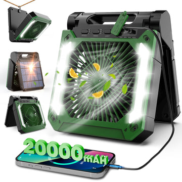 Veubew Camping Fan,Battery Operated Fan,20000mAh Rechargeable Personal Fan with Outdoor LED Light,Solar Charging,3 Speed,3 Timers Pivot 90°,Maximum Battery Life 16H for Office,Bedroom,Works