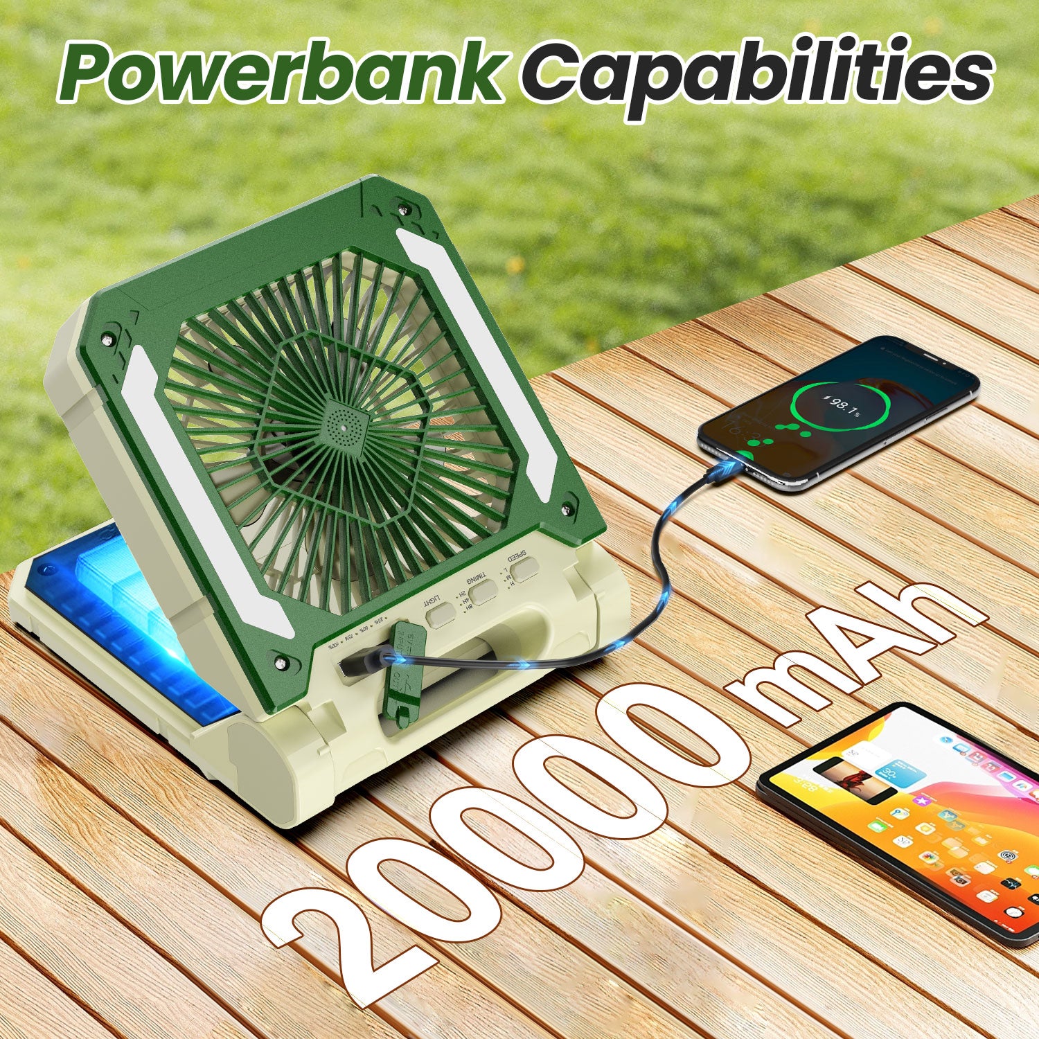 20000mAh Rechargeable Solar Powered Fan with Led Lantern