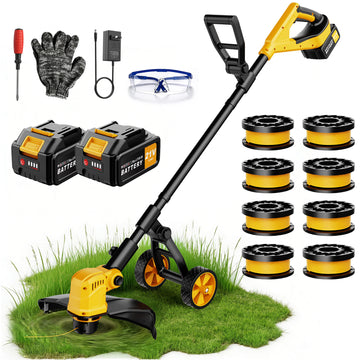 Lemolifys 12-Inch Brushless Weed Eaters with Wheels & 8Pcs Line, 21V Batterry String Trimmer for Yard Garden, W3-2