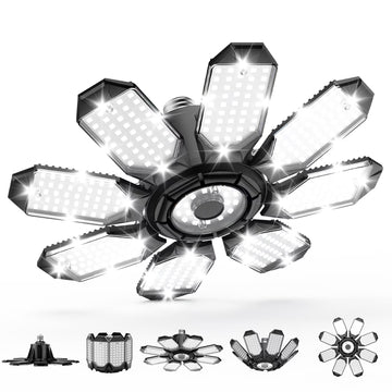 Yannovus LED Garage Light, 26000LM 6500K Deformable Garage Light with 8+1 Adjustable Panels, E26/E27 Screw-in Ceiling Light for Basement Workshop 260W