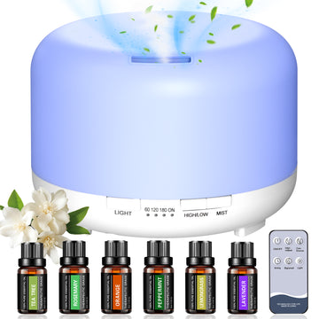 Fimilo 500ml Essential Oil Diffuser with 6*10ml Essential Oils Set, Flower Aromatherapy Diffusers with Remote Control, Oil Air Humidifier Vaporizer for Large Room Bedroom Office