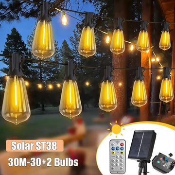 Yannovus 100ft Solar Outdoor String Lights, Shatterproof Vintage Bulbs Patio Lights with 8-Mode Remote Control, Holiday Solar Fairy Lights for Backyard, Garden, Bistro