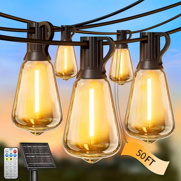 Yannovus 50Ft Solar String Lights Outdoor, Shatterproof Vintage Edison Bulbs Patio Lights with 8-Mode Remote Control, 2700K Warm White Waterproof Solar Fairy Lights for Backyard, Garden, Bistro
