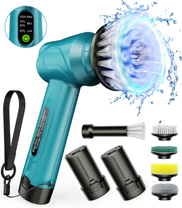 Amiluo Electric Spin Scrubber, 5000 mAh Battery Cordless Handheld Cleaning Brush, 3 Speeds Power Scrubber with 5 Replaceable Heads & Display for Bathroom/Shower/Sink/Tub, Blue