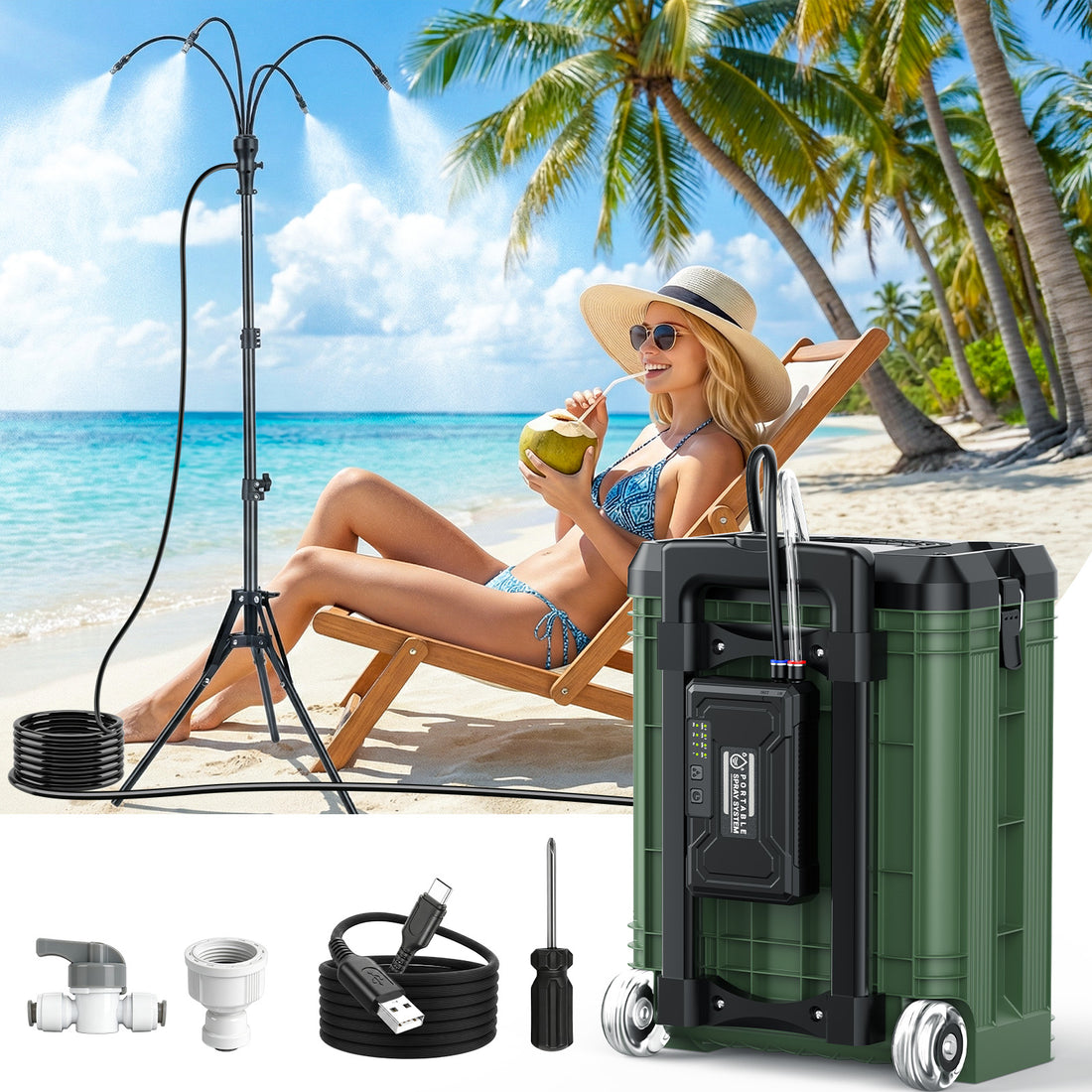 Tanbaby Standing Misters with 4Gal Tank, 10000mAh Portable Mist Cooling System for Outside Patio, 4FT Adjustable Height for Outdoor BBQ, Beach, Pool, Sprinkler, Camping
