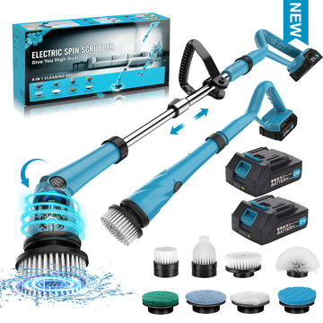 Amiluo Electric Spin Scrubber, 1500 RPM Cordless Bathroom Cleaning Brush with 4000 mAh Large Battery, 8 Replaceable Heads, Extension Handle & Display, Power Scrubber for Shower/Floor/Tub