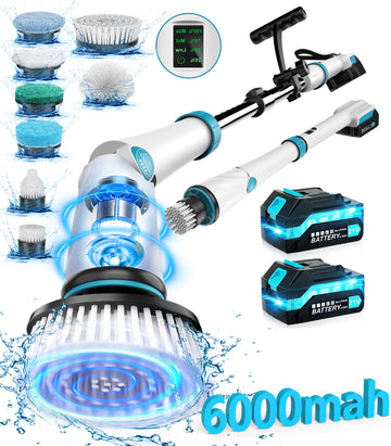 Amiluo Electric Spin Scrubber with 6000 mAh Large Battery, 1200 RPM Cordless Cleaning Brush with 8 Replaceable Heads, Extension Handle & Display, Power Brush for Bathroom/Shower/Tub