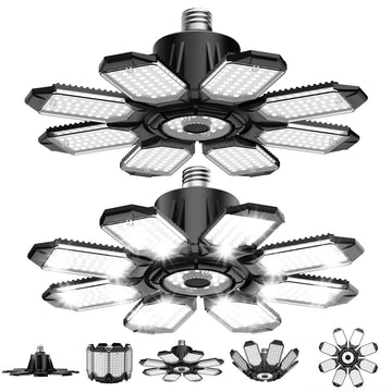 Yannovus 2 Pack LED Garage Lights, 52000LM 6500K Deformable Garage Light with 8+1 Adjustable Panels, E26/E27 Screw-in Ceiling Light for Basement Workshop 260W