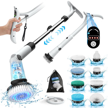 Amiluo Electric Spin Scrubber, 600 RPM Cordless Bathroom Cleaning Brush, 3 Speeds Power Scrubber with Adjustable Handle & 8 Replaceable Heads, Shower brush for Tub Tile Floor, A2/White