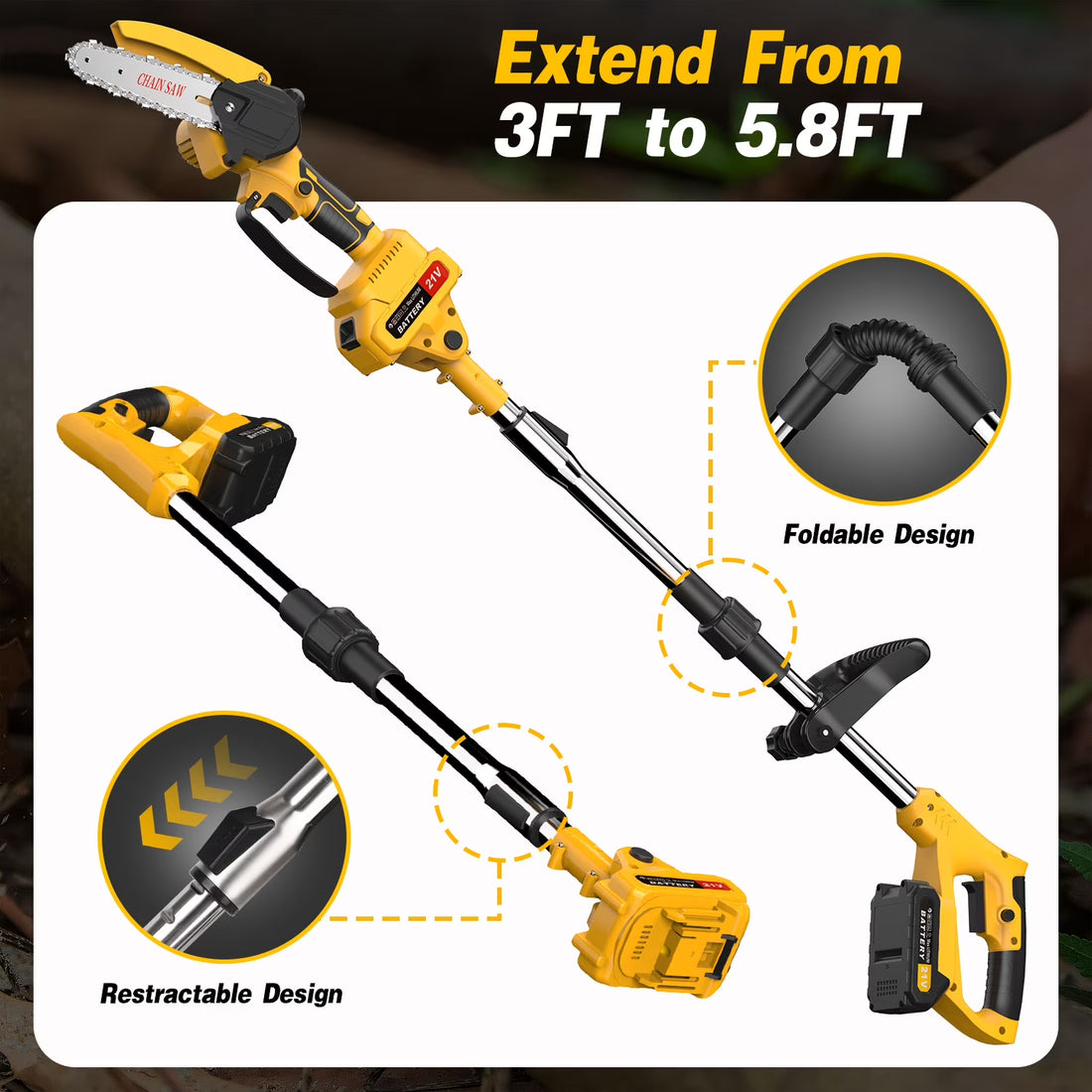 Yannovus 8-Inch Electric Pole Saw with 2 x 3.0Ah Battery, 2-in-1 Mini Cordless Chainsaw with Extension Pole for Tree Trimming & Wood Cutting