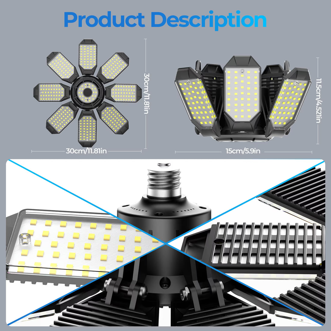Yannovus LED Garage Light, 26000LM 6500K Deformable Garage Light with 8+1 Adjustable Panels, E26/E27 Screw-in Ceiling Light for Basement Workshop 260W