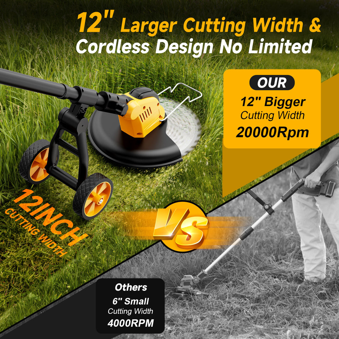 Lemolifys 12-inch Brushless Weed Eaters with Wheels & 5 Blades, 21V Battery String Trimmer for Lawn Yard Garden