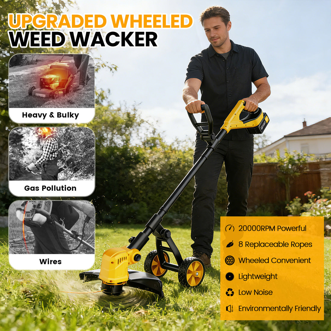 Lemolifys 12 Inch Brushless Cordless String Trimmer with Wheels, 21V Batterry and 8Pcs Line for Yard Garden