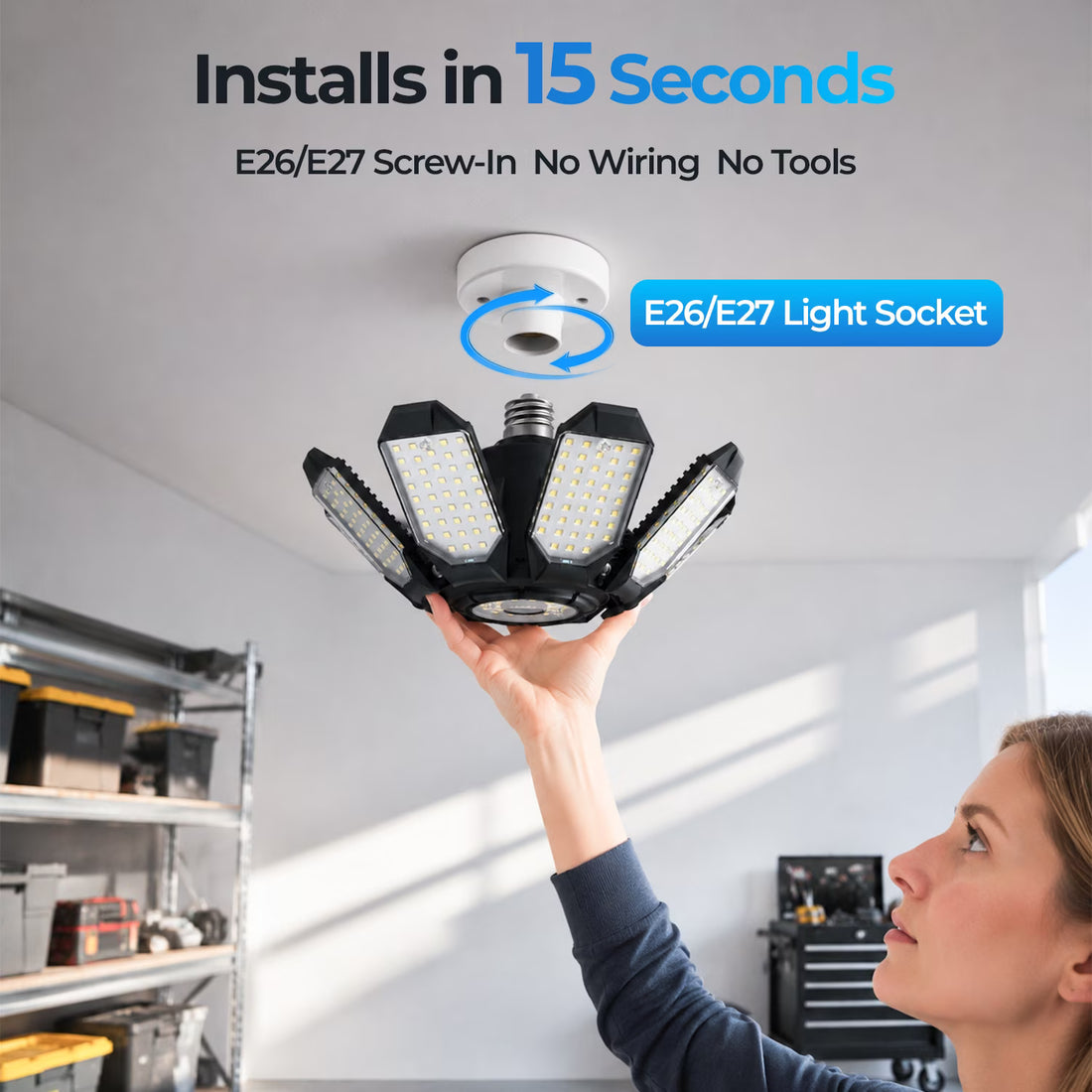 Yannovus 2 Pack LED Garage Lights, 52000LM 6500K Deformable Garage Light with 8+1 Adjustable Panels, E26/E27 Screw-in Ceiling Light for Basement Workshop 260W
