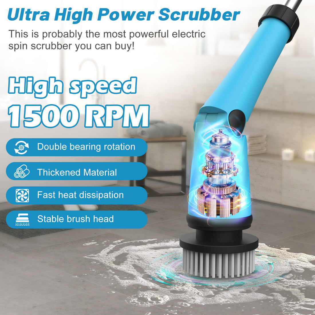 Amiluo Electric Spin Scrubber, 1500 RPM Cordless Bathroom Cleaning Brush with 4000 mAh Large Battery, 8 Replaceable Heads, Extension Handle & Display, Power Scrubber for Shower/Floor/Tub