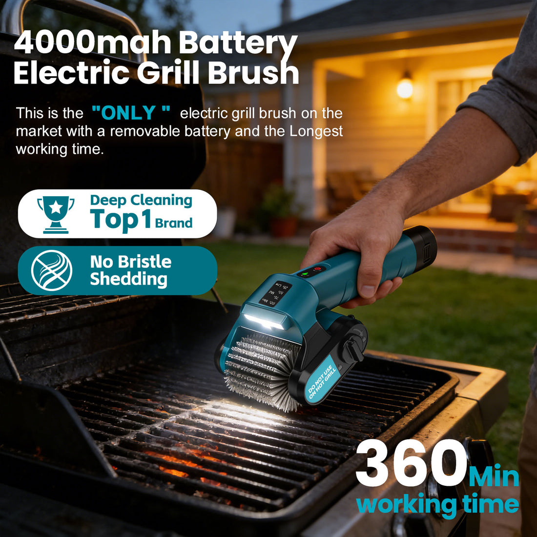 Tanbaby Electric Grill Brush, 2x2000mAh Removable Battery, 6+ Hrs Runtime, 950 RPM Motor, 304 SS Head, with Manual Scraper, BBQ Cleaning Tool for Home, Patio, Camping