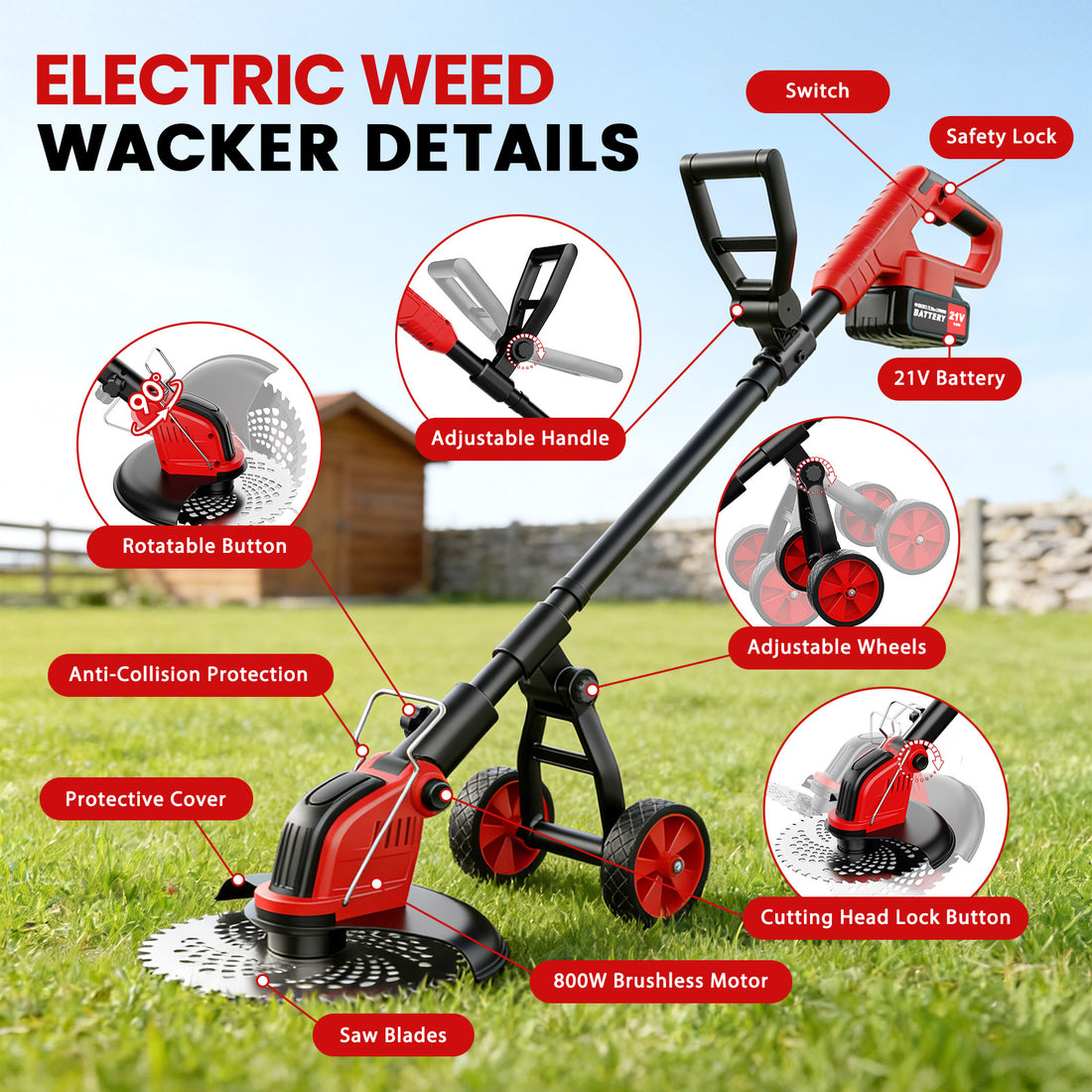 Tanbaby 12-inch Electric Weed Wacker, Cordless Weed Eaters with Wheel, Brushless Grass Trimmer with Two 3.0Ah Battery & 4 Types of Blades for Yard,Garden Gifts