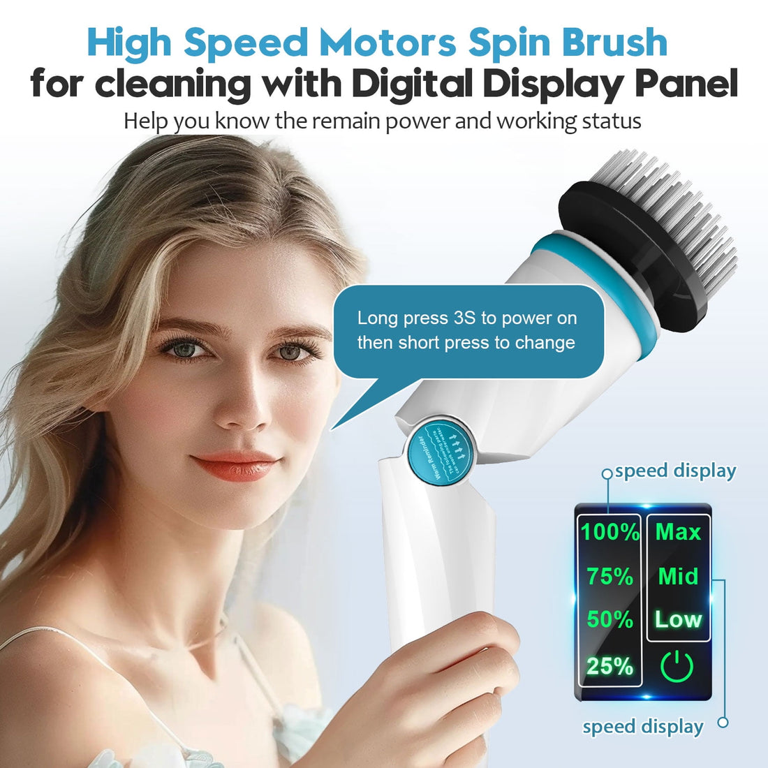 Amiluo Electric Spin Scrubber, 1500 RPM Cordless Bathroom Cleaning Brush with 4000 mAh Large Battery, 8 Replaceable Heads, Extension Handle & Display, Power Scrubber for Shower/Floor/Tub
