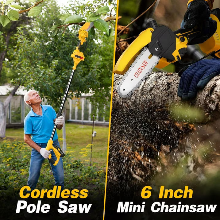Yannovus 8-Inch Electric Pole Saw with 2 x 3.0Ah Battery, 2-in-1 Mini Cordless Chainsaw with Extension Pole for Tree Trimming & Wood Cutting