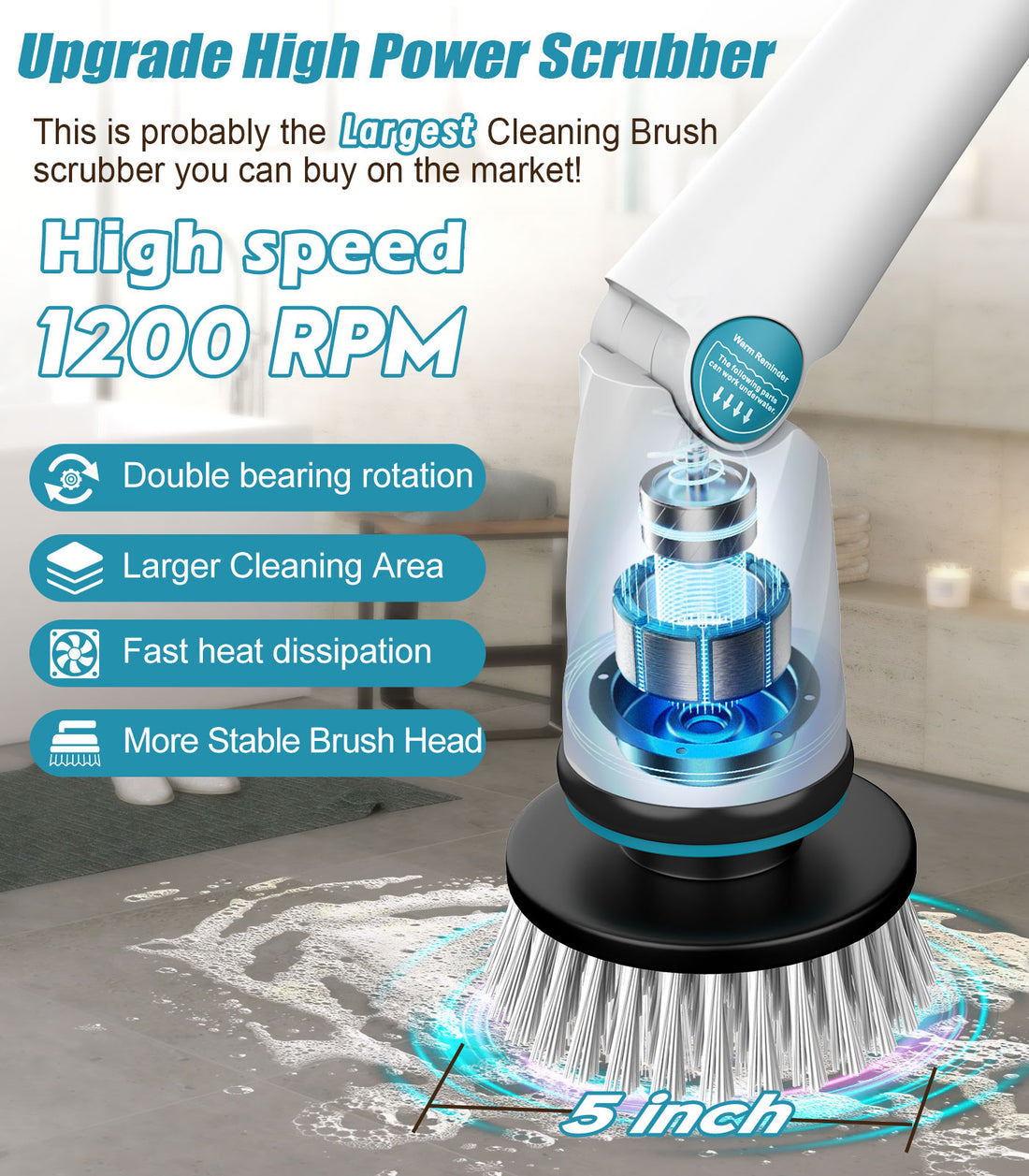 Amiluo Electric Spin Scrubber with 6000 mAh Large Battery, 1200 RPM Cordless Cleaning Brush with 8 Replaceable Heads, Extension Handle & Display, Power Brush for Bathroom/Shower/Tub
