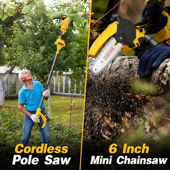 Yannovus 8-Inch Cordless Pole Saw with 2 x 3.0Ah Battery, 2-in-1 Mini Electric Chainsaw with Extension Pole for Tree Trimming & Wood Cutting