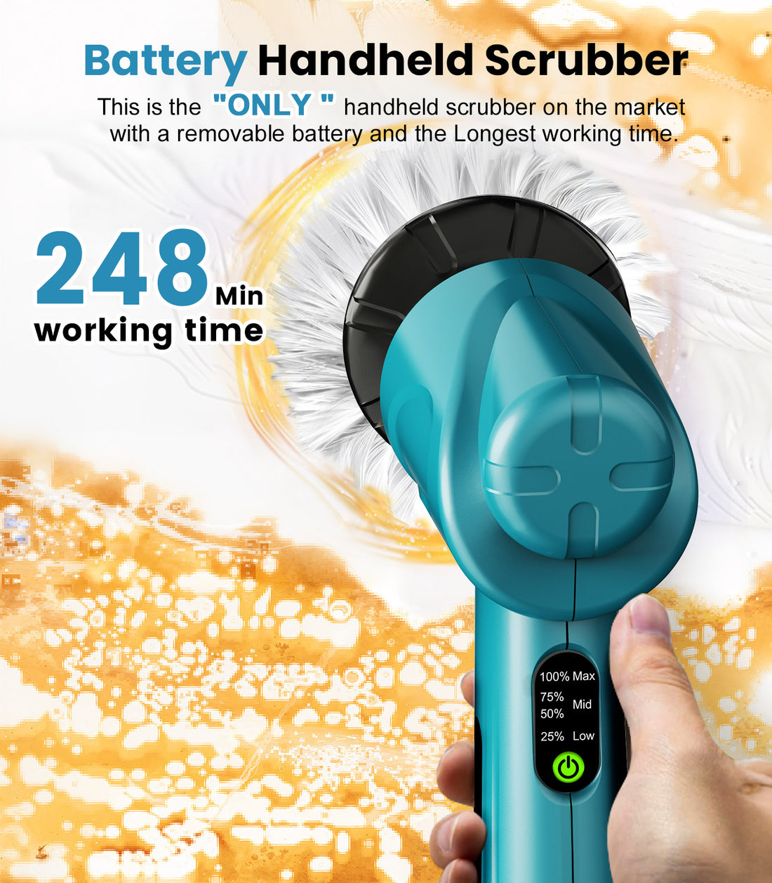 Amiluo Electric Spin Scrubber, 5000 mAh Battery Cordless Handheld Cleaning Brush, 3 Speeds Power Scrubber with 5 Replaceable Heads & Display for Bathroom/Shower/Sink/Tub, Blue