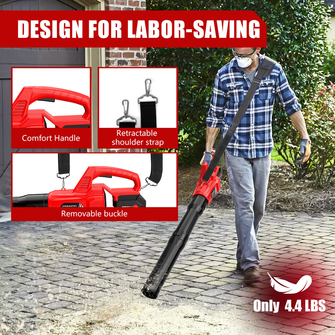 Tanbaby Leaf Blower Cordless, High-Velocity 580CFM Electric Blower, with 2 x 4.0Ah Battery, 1 x Adjustable Shoulder Strap, Handheld Blower for Patio, Garage