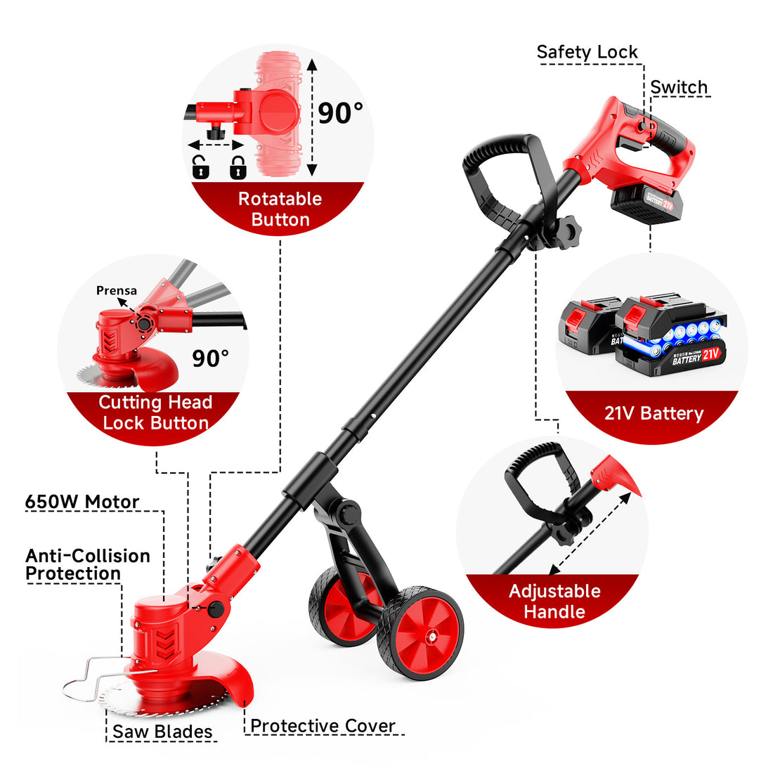 Tanbaby 6-inch Electric Weed Wacker, Cordless Weed Eaters with Wheels, 3 Types of Blades, Weed Eater Grass Trimmer/Edger/Brush Cutter for Lawn Yard Garden