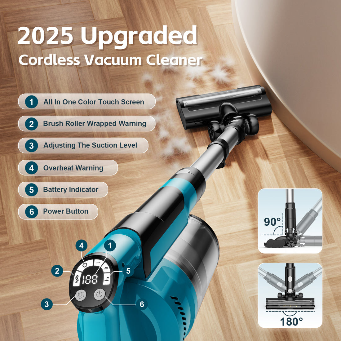 Amiluo 8000mAh Cordless Vacuum Cleaner, 700W 60KPA 72mins Brushless Vacuum Cleaners for Home, 6 in 1 Stick Vacuum with Hepa Filter, Led Display for Pet Hair/Carpet/Hard Floor/Dorm